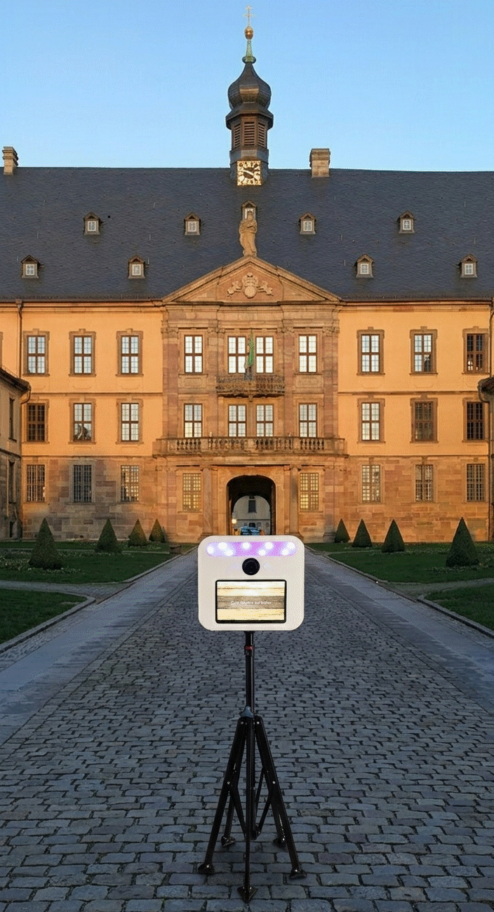 Weiße Fotobox auf Stativ vor dem Stadtschloss Fulda